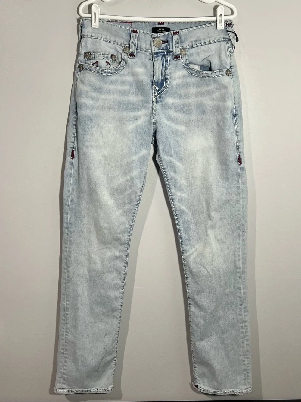 True Religion Ricky Relaxed Straight No Flap Light Blue Red Jeans Mens Size 30